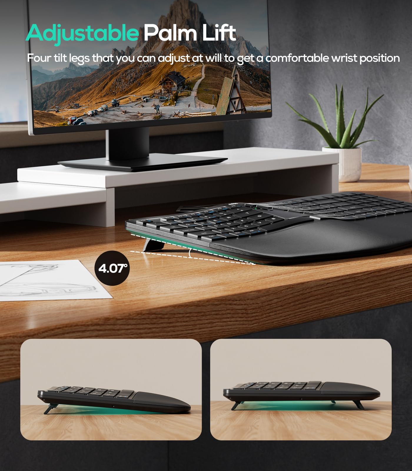 Nulea RT07B Wireless Ergonomic Split Keyboard, Wrist Rest, Natural Typing, Bluetooth and USB Connectivity, USB-C Rechargeable,Compatible with Windows Mac (Silver Black)