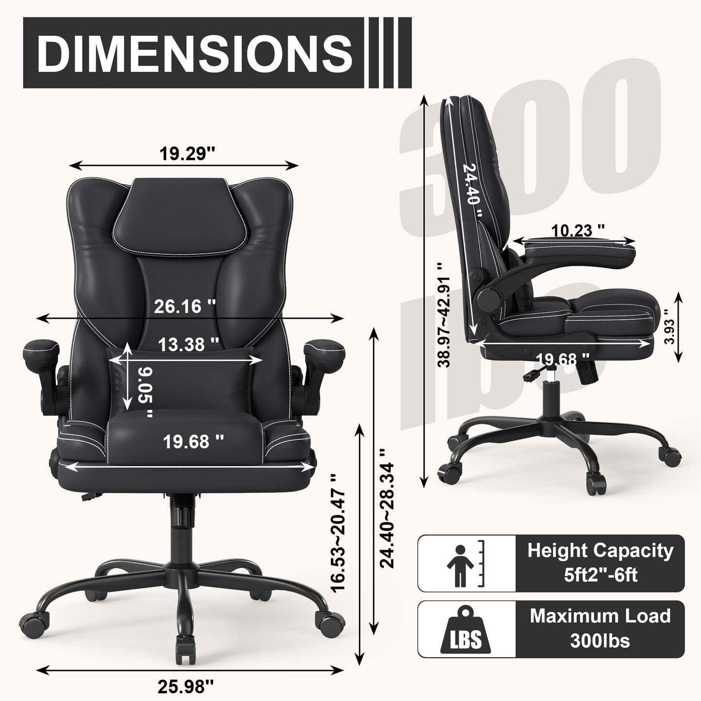 Ergonomic Office Chair with Flip-up Armrests 300lbs,Middle-Tall Computer Office Desk Chair with Lumbar Support,Executive Leather Chair with Rocking Function Adjustable Height for Home Office