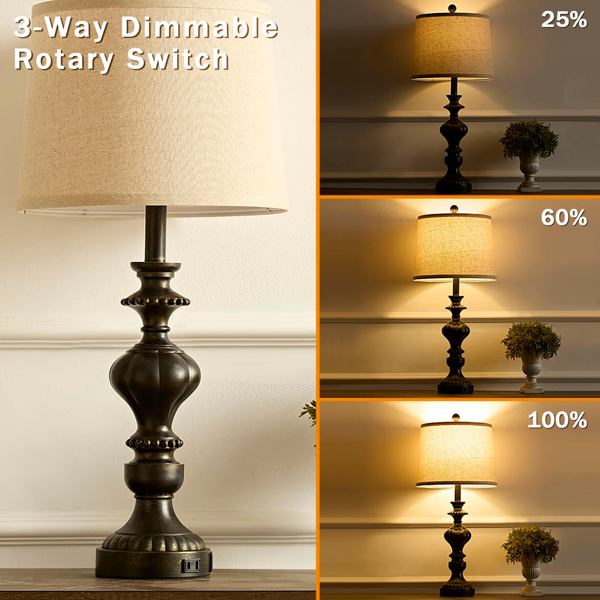 SAIWEYA 27.5" Farmhouse Table Lamps Set of 2 Bedside Nightstand Lamp with USB C+A Ports & AC Outlet, 3 Way Dimmable Touch Lamps for Bedroom Living Room Office Rustic Lamp