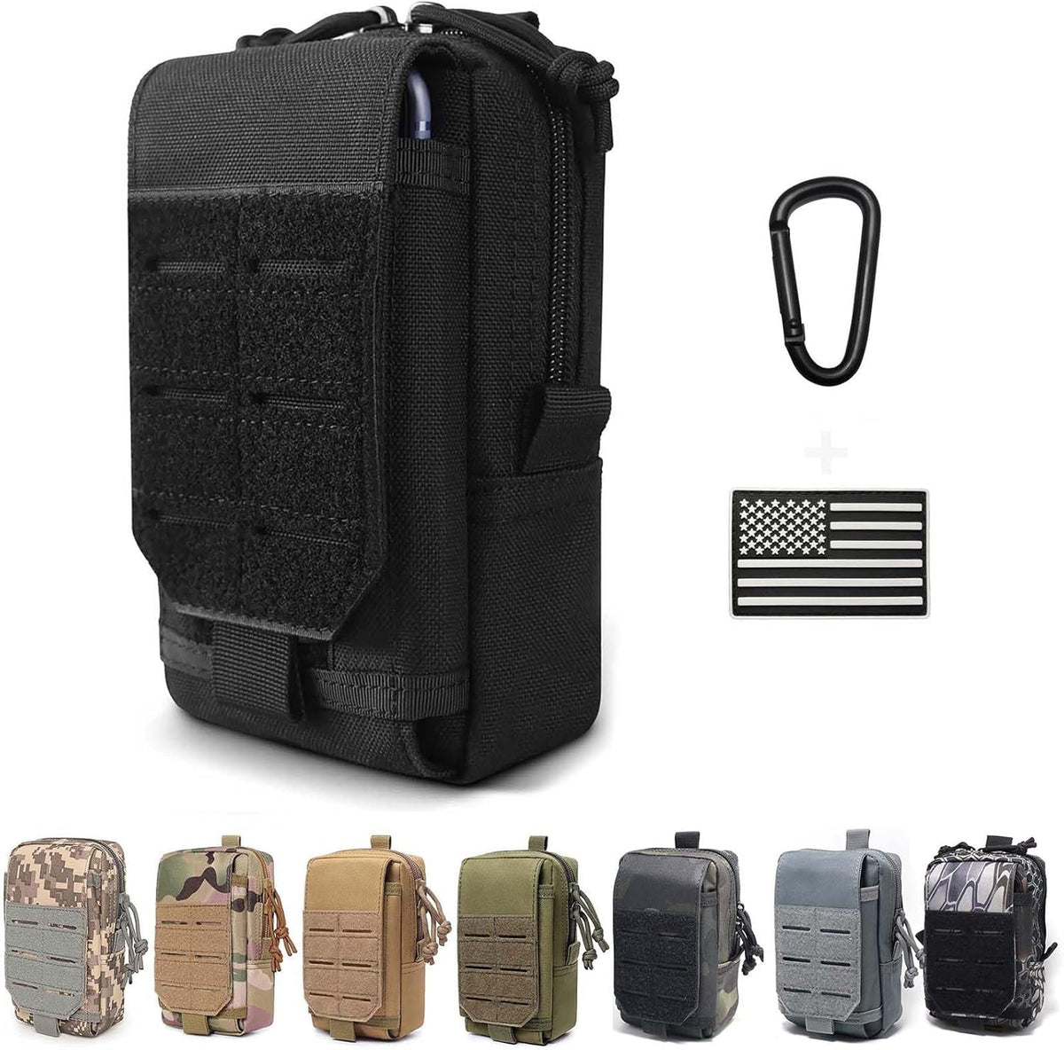 Molle Utility Pouch EDC Cell Phone Pouch for Vests, Tactical Waist Bag for Men Gadget Organizer Pack Purse Mobile Phone Case Hunting Compact Bag U.S.A Patch Carabiner Included, Black