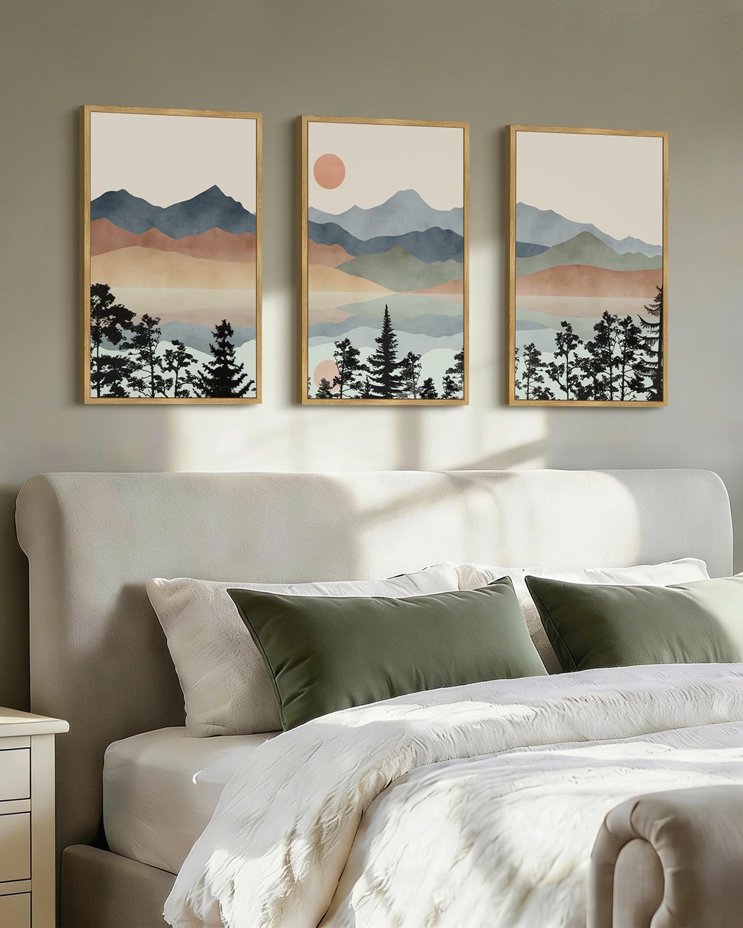 Drsoum Mountain Range Landscape Wall Art Framed Ink Wash Watercolor Nature Wall Decor Laker Sun Rises Prints Bedroom Living Room Ready to Hang 16x24in Natural Framed