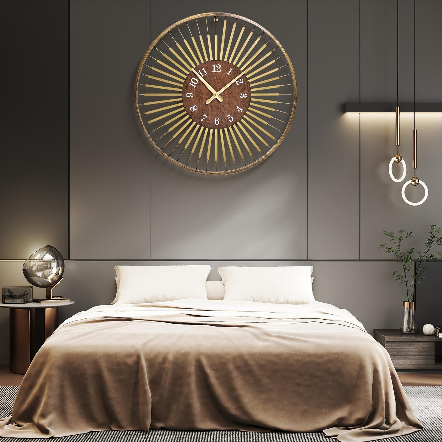 XGGJWW 24 Inch Mid-Century Modern Wall Clock, Round Frame Metal Design with Walnut Wood Center, Silent Quartz Movement, Gold-Tone Accents – Decorative Wall Clock for Living Room, Bedroom, and Office