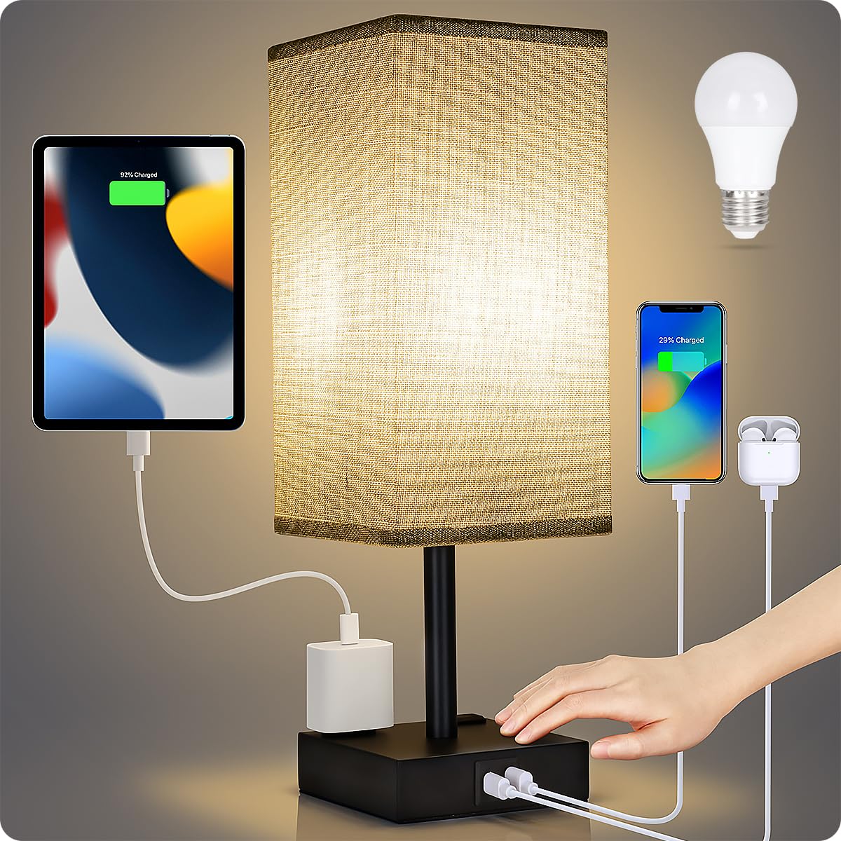Soilsiu Bedside Table Lamp for Bedroom - Touch Small Lamp with USB C+A Charging Ports & AC Outlets, 3 Way Dimmable Nightstand Light for Living Room (LED Bulb Included, Grey)