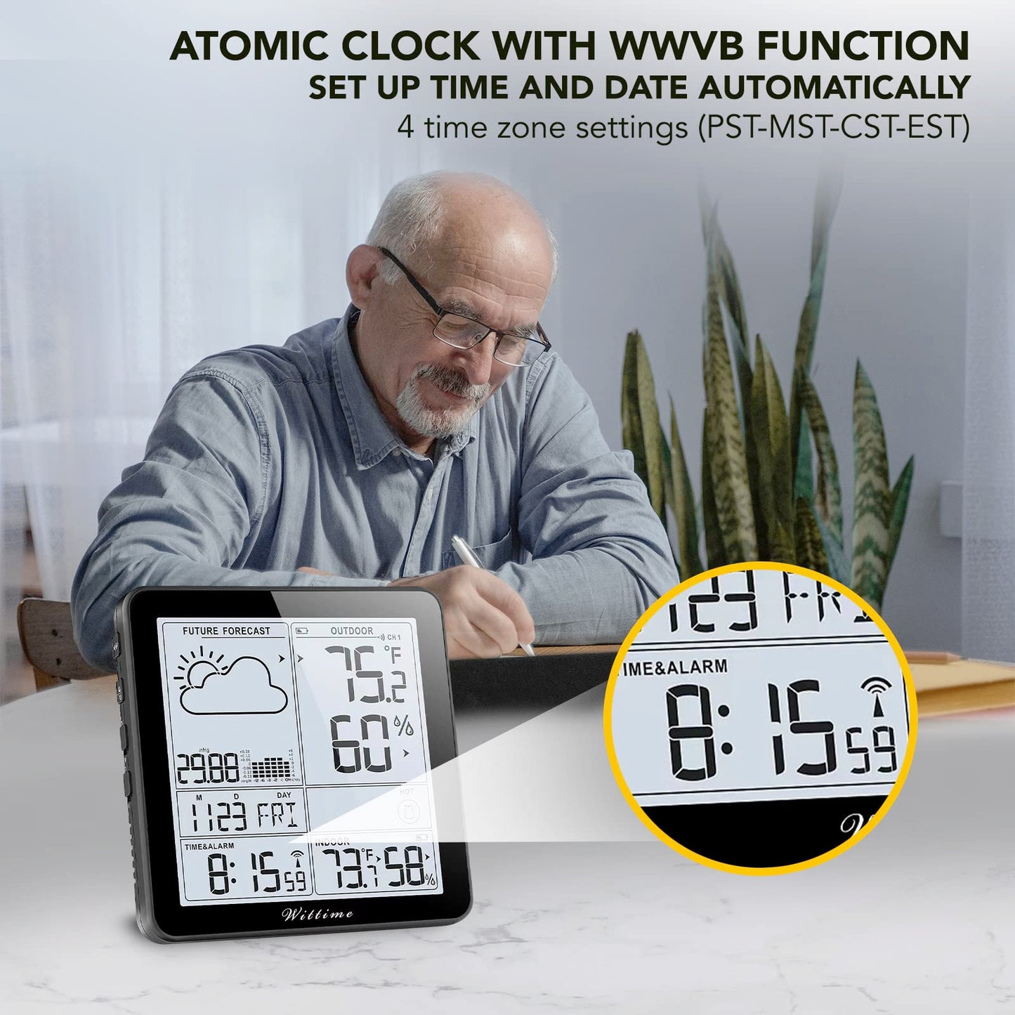 Wittime Weather Station Indoor Outdoor Thermometer Wireless Battery Powered, Atomic Clock with Indoor Outdoor Temperature Weather Clock, Dew Mold Heat Index 2180