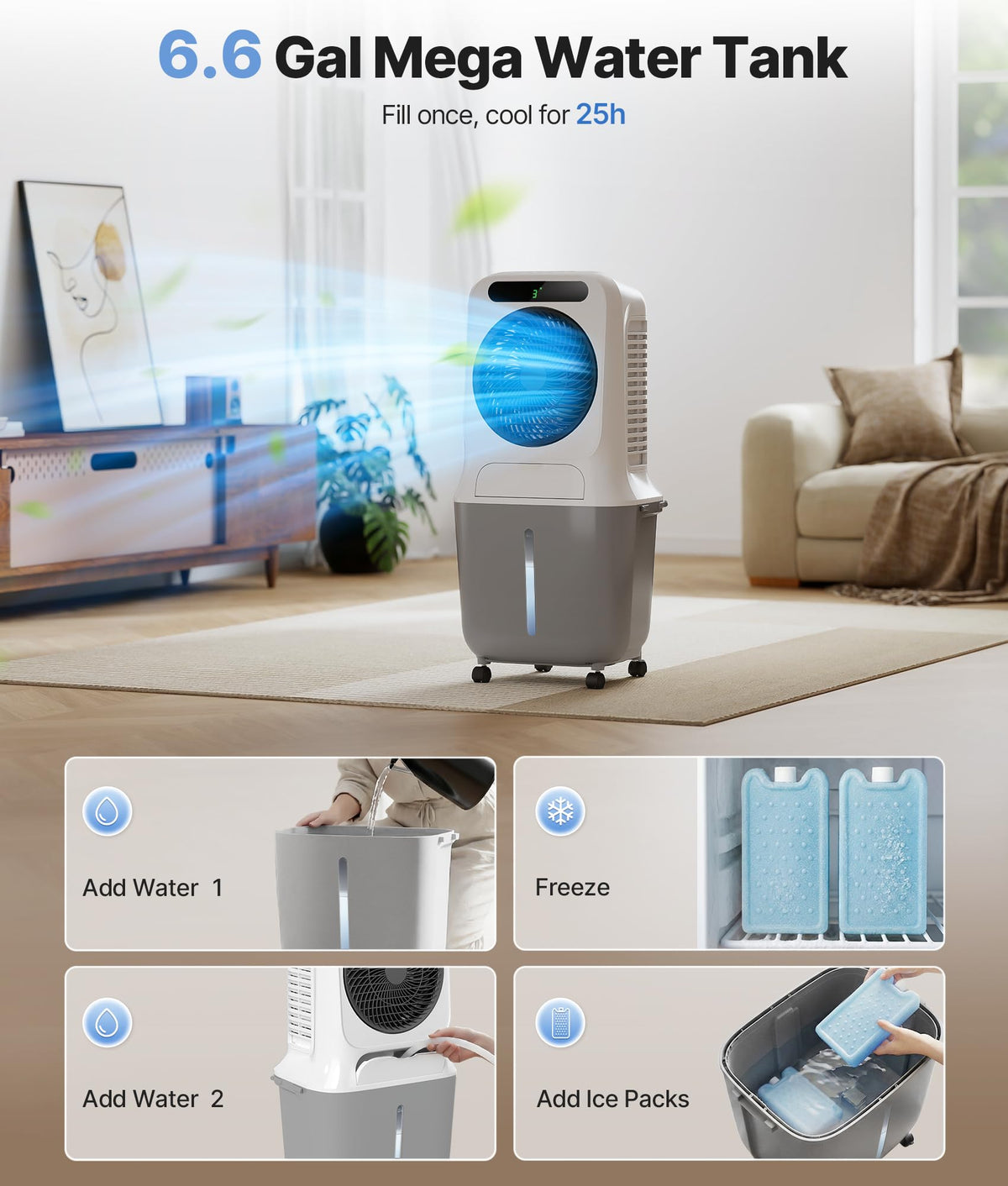 Exnos Portable Evaporative Swamp Cooler - Portable Air Conditioner with 3 Modes & 3 Speeds, 6.6 Gallon Cold Air Cooler, Cooling Fans that Blow Cold Air for Home, Office, 2 Ice Packs