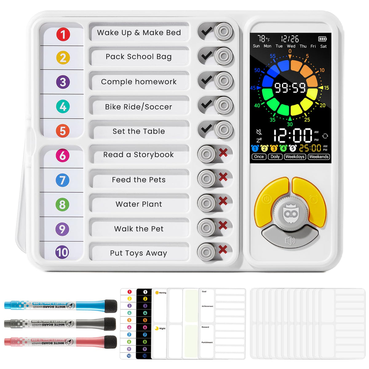 3-in-1 Visual Timer & ADHD Tool for Kids and Adults, 12/24H Silent Task Timer with Chore Chart, Daily Checklist with Pomodoro Timer, Alarm Clock - White