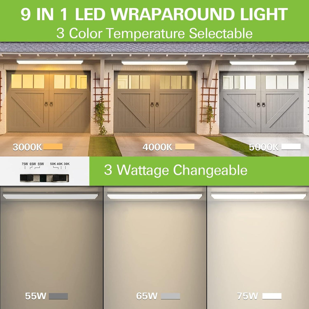 hykolity 4FT LED Wraparound Light with 3 Wattages/3 Lumens/3 CCT Selectable, 55W/65W/75W, 5500lm/6500lm/7500lm, 3000K/4000K/5000K, Flush Mount Office Ceiling Light Fixture, ETL