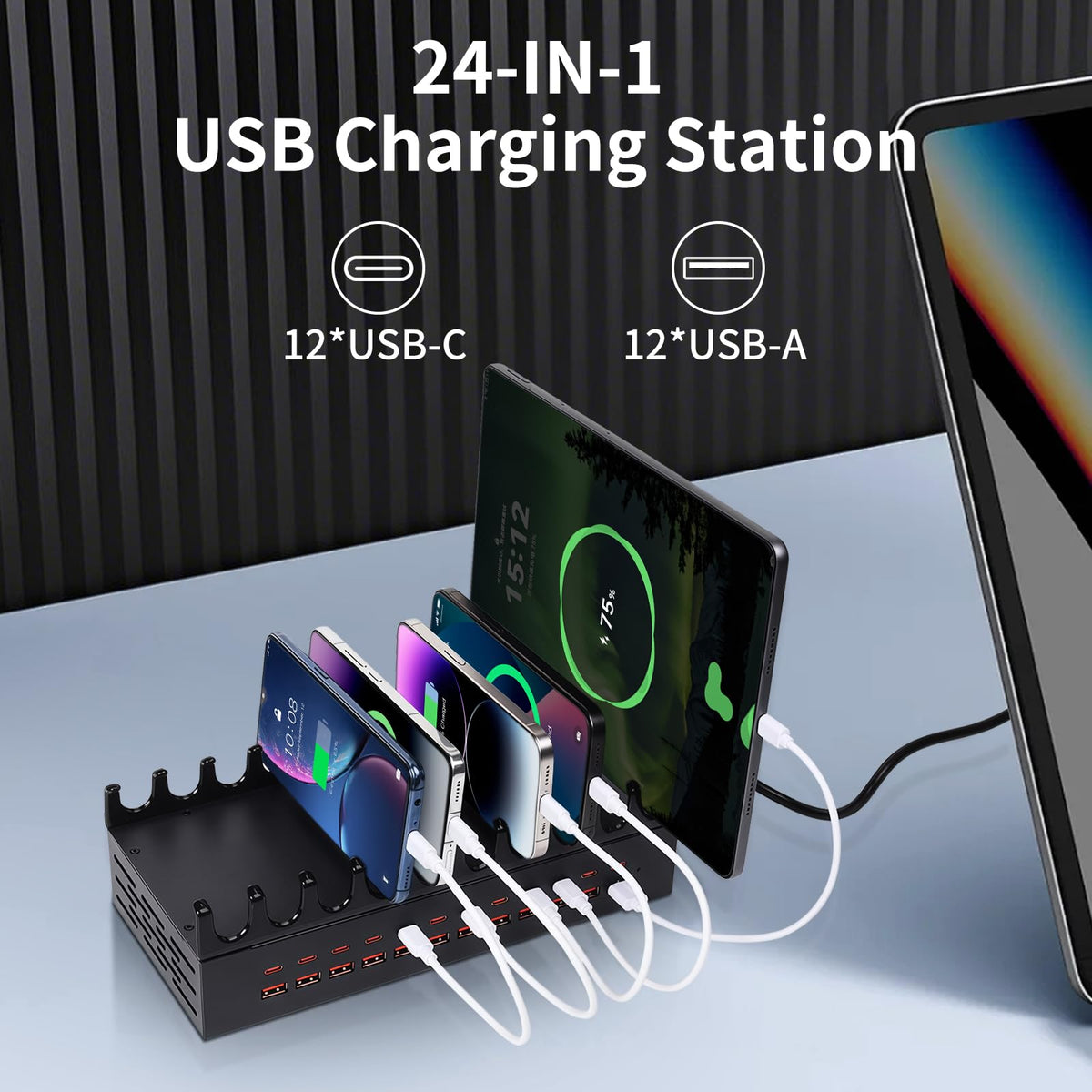 300W Charging Station for Multiple Devices - 24 Ports USB Fast Charging Station with Smart Power Delivery - Kindle, Phone, Tablet Charger Station for Home, Office, School