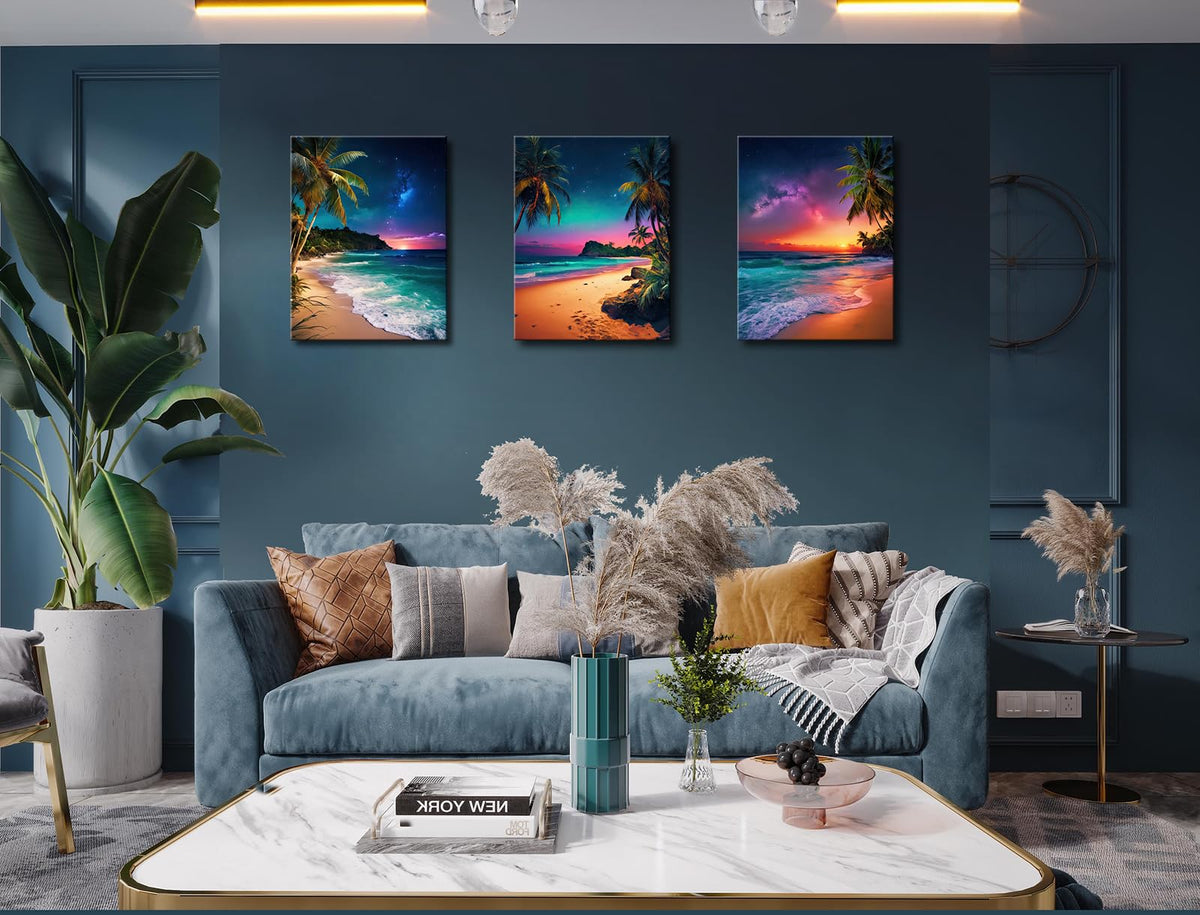 weiyiart 3 Panels Palm Tree Beach Wall Art, Cool Ocean Sunset with Northern Lights Canvas Prints, Tropical Coastal Seascape Decor for Living Room Bedroom Bathroom Office, 12"x16"x3pcs