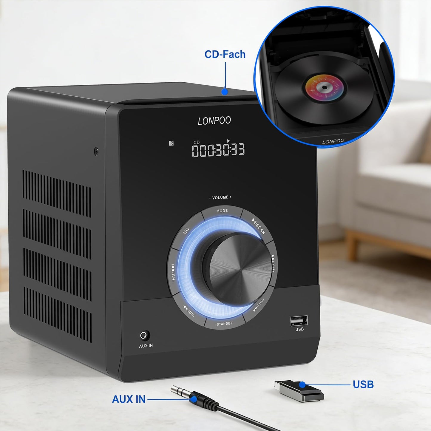 Compact Stereo System Speakers with CD Player, Bluetooth, FM Radio, Aux-in, USB-in, Earphone Jack, DSP-Tech, Remote, 30W Crisp-Sound Shelf Stereo System for Home (LP-886)