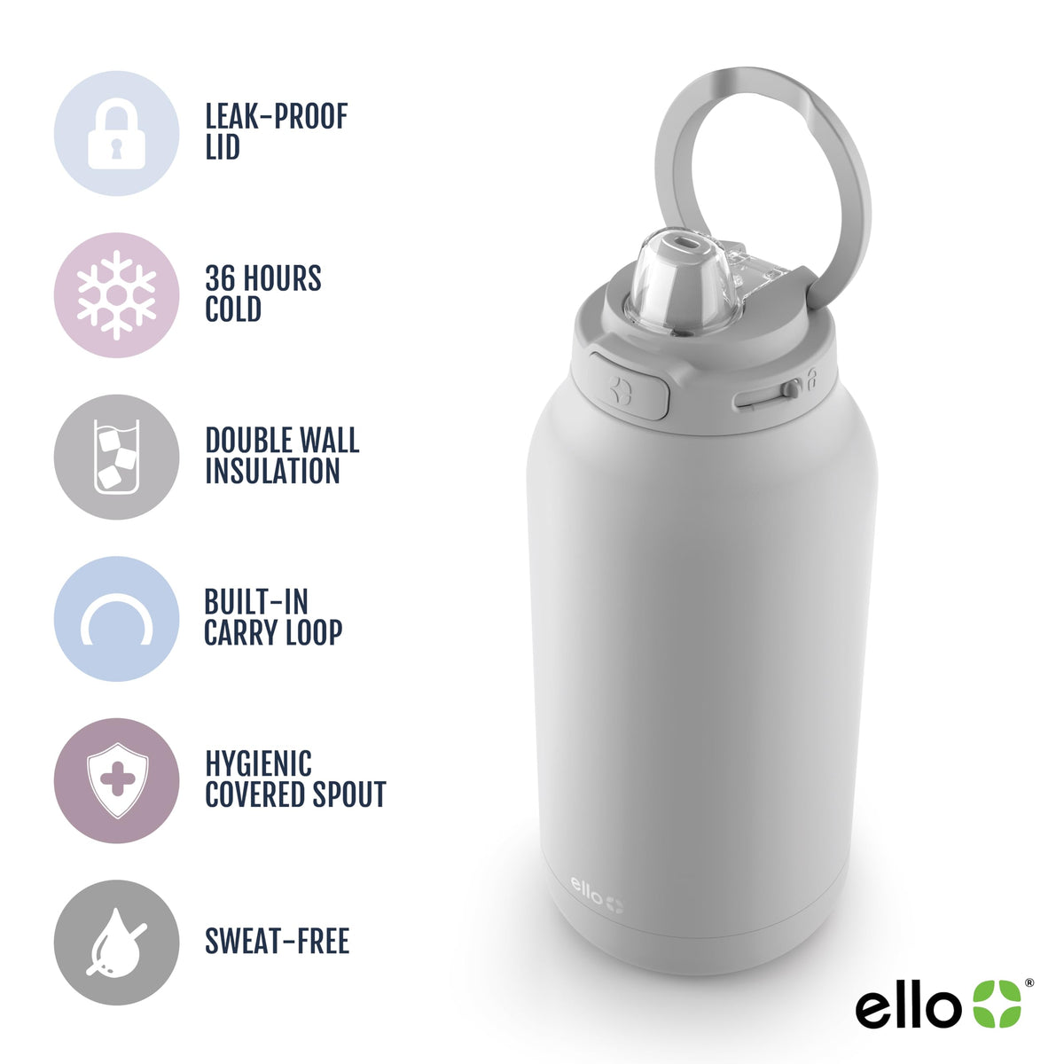 Ello Hydra 64oz Stainless Steel Water Jug with Locking Leak Proof Lid | Reusable Half Gallon Vacuum Insulated Metal Bottle with Silicone Straw, Keeps Drinks Cold All Day, Gift Ready, Grey