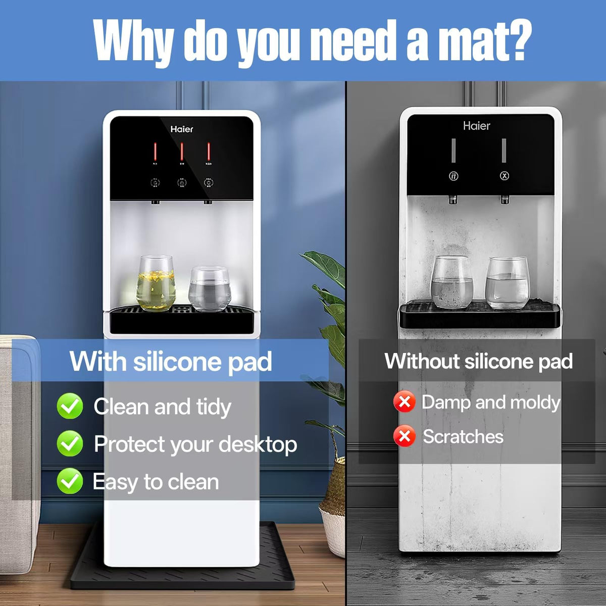Water Cooler Mat – 19.7" x 19.7" Silicone Water Dispenser Mat for Floor & Countertop, Spill-Proof & Waterproof Tray for Coffee Maker, Kitchen, Pets, Office Use (Black, 19.7' * 19.7')