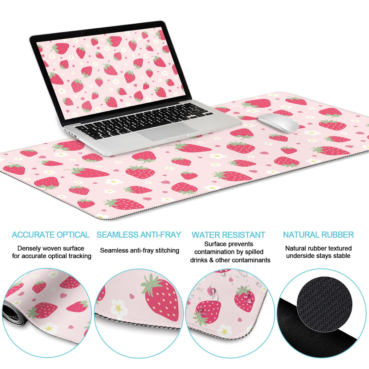 LIMKRIAN Strawberry Mouse Pad Desk Mat Set, Pink Ergonomic Mouse Pad with Wrist Rest, Large Gaming Mousepad Wrist Support Keyboard Mat Cup Coaster Set, Cute Office Desk Decor Accessories Supplies