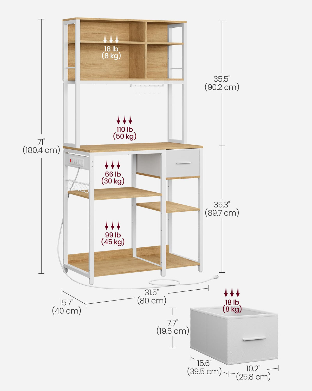 VASAGLE Bakers Rack with Charging Station, Coffee Bar, 15.7 x 31.5 x 71 Inches, Kitchen Microwave Stand, Adjustable Storage Shelves, Fabric Drawer, 12 Hooks, Golden Oak and Cloud White UKKS015Y03