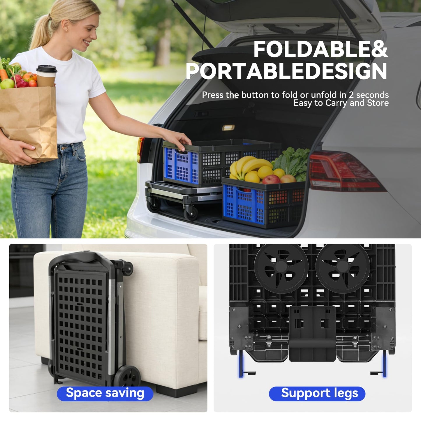 Collapsible Shopping Cart with Wheels,2 Tier Multi Use Foldable Shopping Cart with 2 Storage Crates,Folding Shopping Trolley Utility Cart for Office,Groceries, Warehouse,Supermarket,Picnic (Blue)