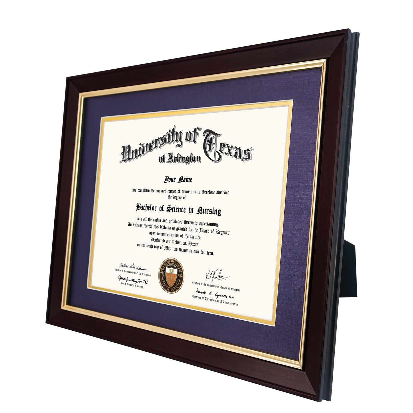 GMFrames 8.5x11 Wood Diploma Frame with Purple Mat or Display 11x14 Certificates without Mat,Tempered Glass,Deep Brown Finish with Gold Trim