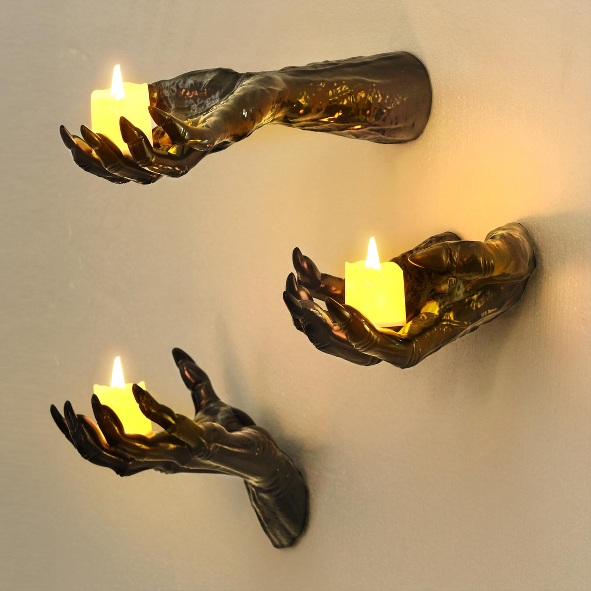Halloween Decorations Indoor Gothic Decor: Pack of 3 Wall Mounted Creepy Reaching Hands with Lighted Candles for Gothic Wall Decorations