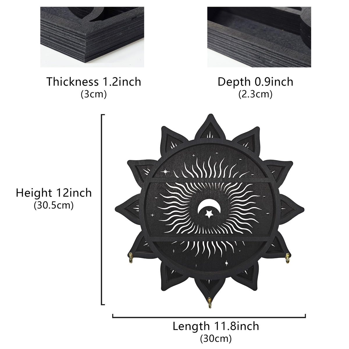 FNYDOX Chakra Lotus Flower Crystal Display Shelf with LED Light, Witchy Home Decor Boho Decorative Wall Mounted Trinket Shelf Wooden Sun Moon Shelf Rock Case Stone Storage Floating Hanging Holder