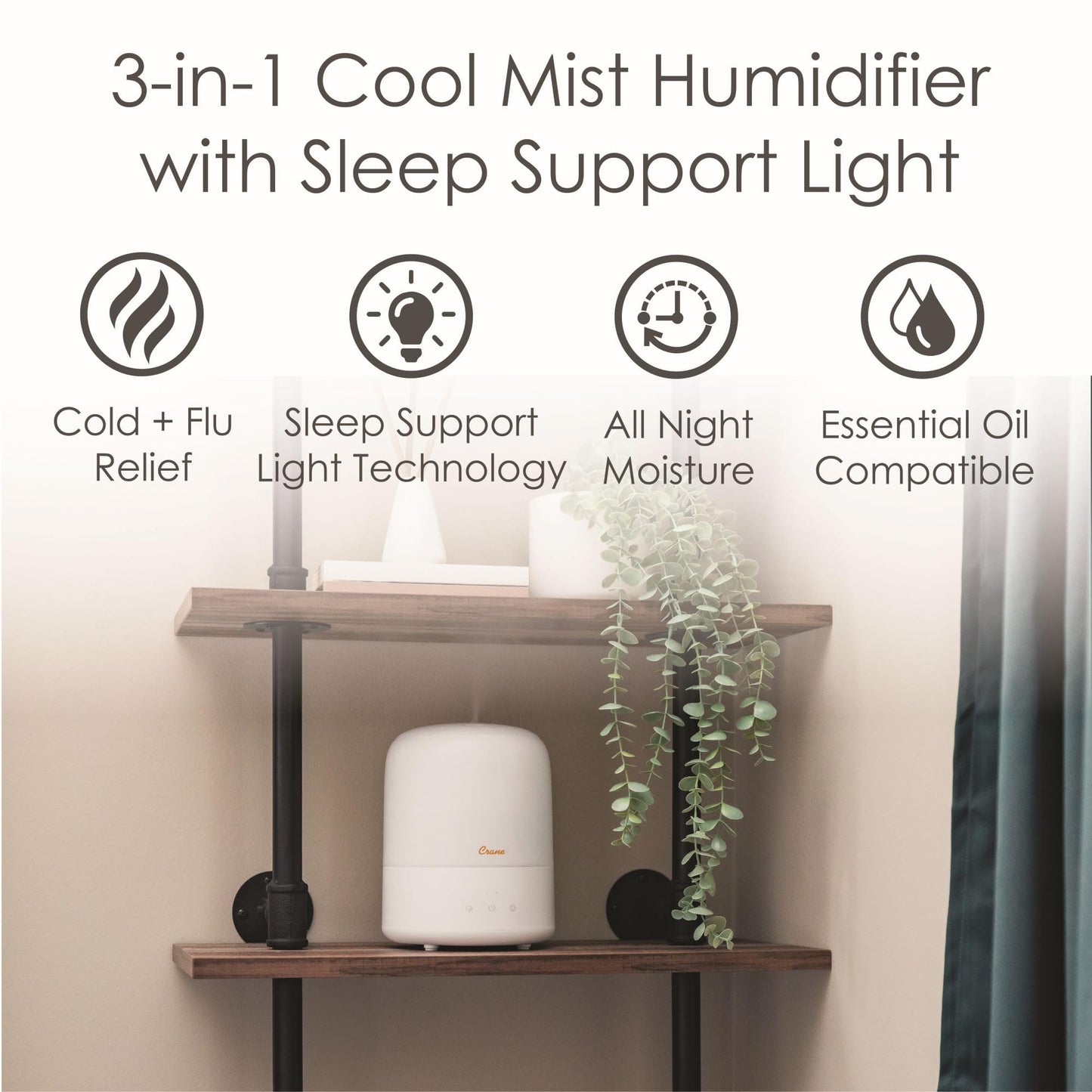 Crane Top Fill Mini Humidifier for Bedroom and Nursery 3-In-1 Essential Oil Diffuser Sleep Light 0.5 Gallon Baby Humidifier