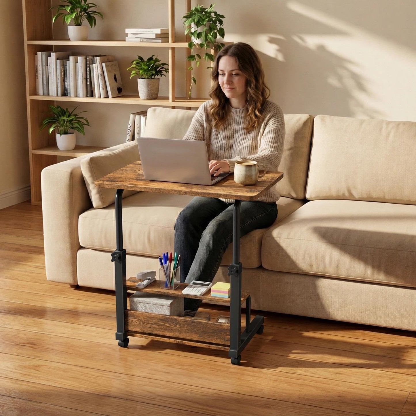 WINAZ C Shaped Rolling Laptop Desk - 32" Rustic Brown Mobile Portable Small Desk with Wheels for Small Spaces, Height Adjustable Overbed Table with 2-Tier Storage Shelves