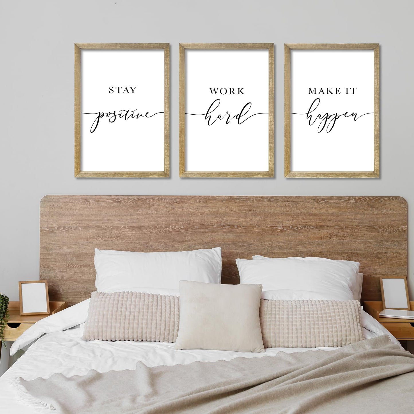 RLWangChao Inspirational Quotes Wall Art Decor 11"X16" 3 Piece Modren Office Stay Positive Work Hard Make It Happen Motivational Wood Framed Sign Living Room Positive Wall Hanging Decoration (Wood)