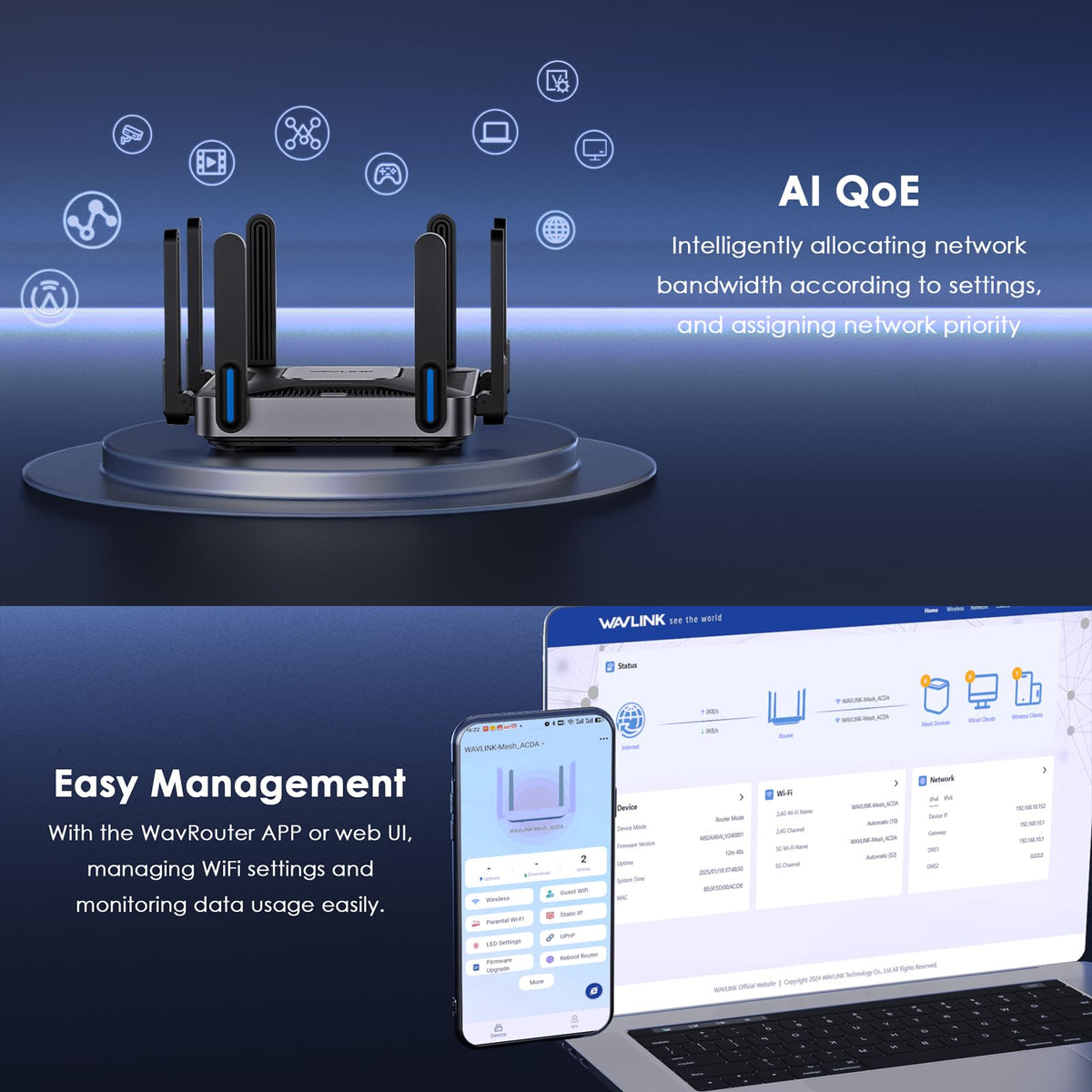 WAVLINK AX6000 WiFi 6 Router Dual Band, 2.5 Gbps WAN/LAN Port, Covers up to 2,150 Sq. ft and 256 Devices, 8x5dBi Antennas, AI QoE, WPA3 & VPN Security for Home/Office, MU-MIMO, Beamforming