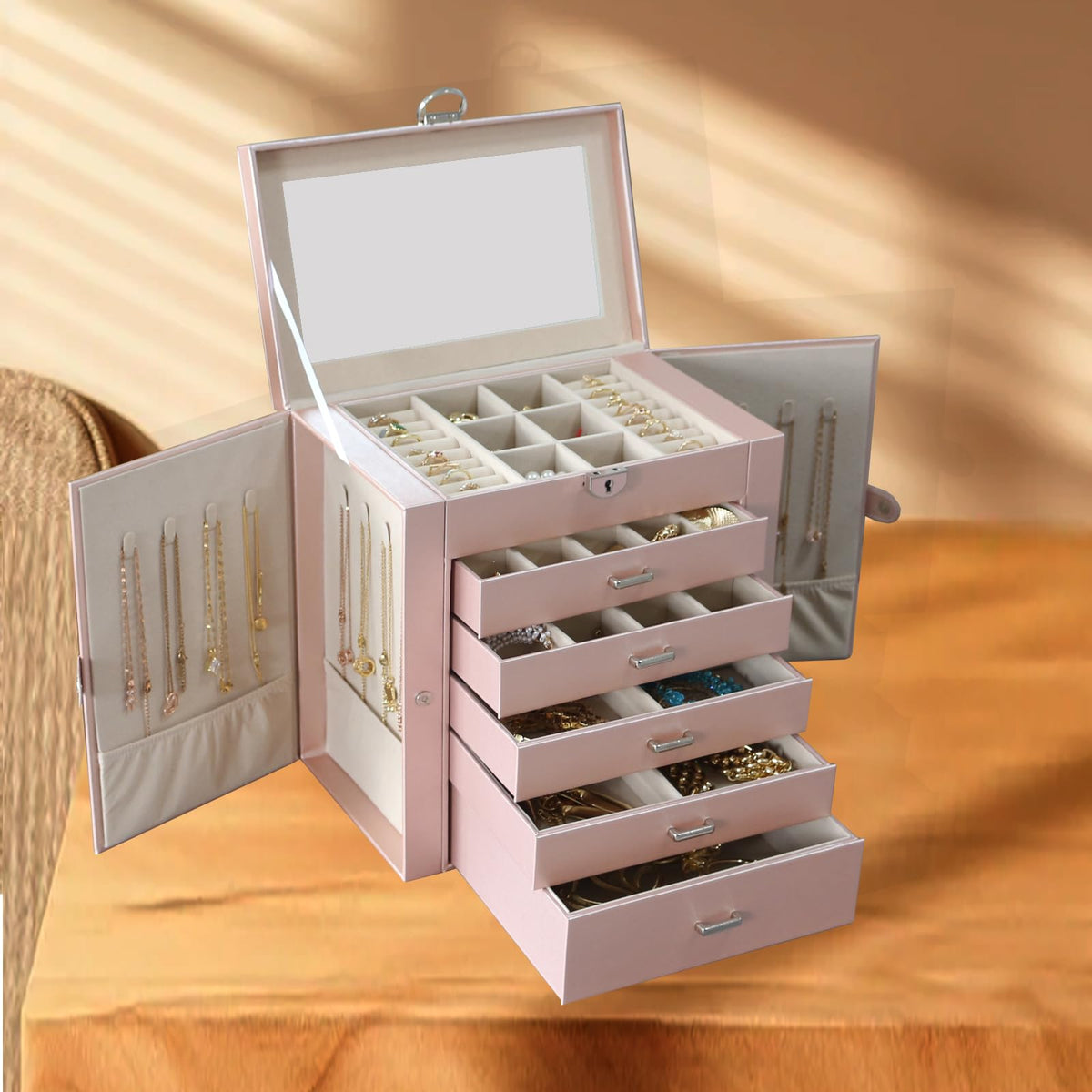 BOOVO Jewelry Box For women, 6 Layer Large Jewelry Organizer With Mirror, Multi-Function Storage Box With Lock, Accessory Holder With 5 Drawers, For Earrings Necklace Ring Bracelet (Rose Gold)