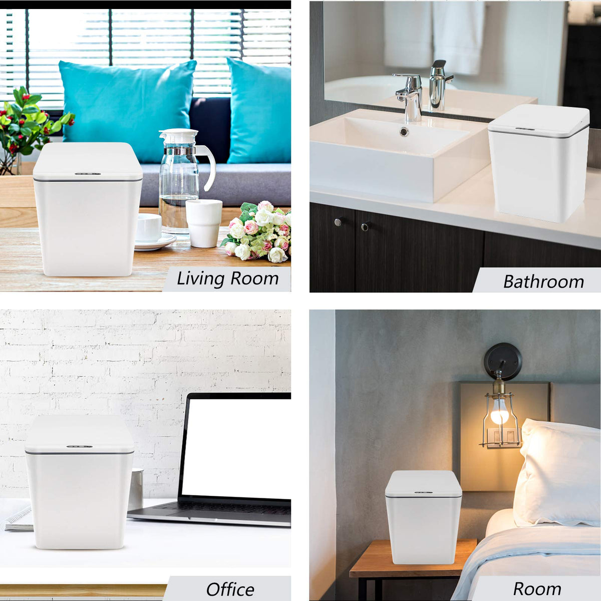 FEBHBRQ Automatic Small Countertop Trash Can, Rechargeable Mini Desktop Waste Bin with Lid for Office Desk/Bedside Table/Coffee Bar, White-1.5 Gal
