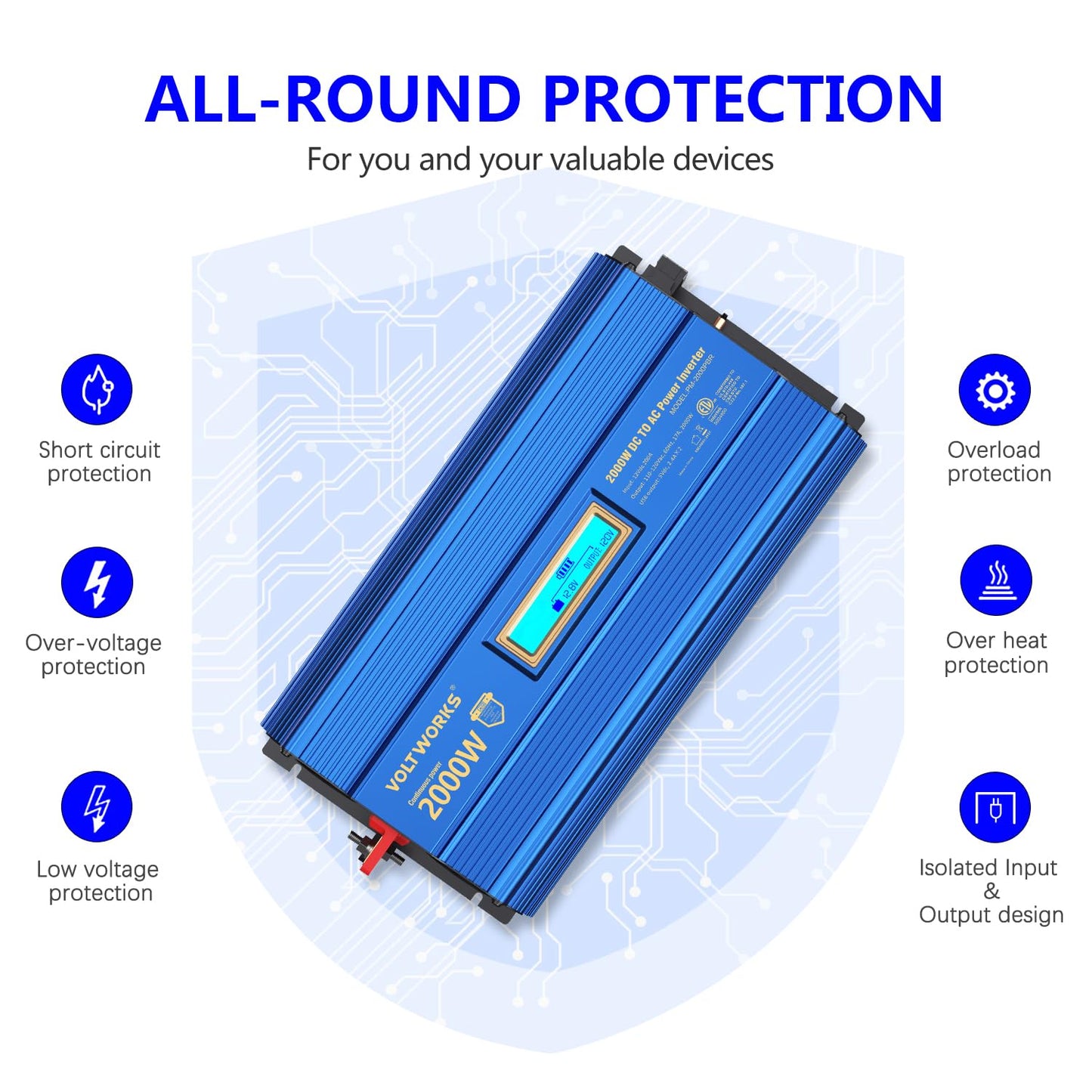 Power Inverter 2000w DC 12V to AC 120V ETL UL458 Compatible with Lithium Battery for Off-Grid Solar Car RV Truck Boat with LCD Display Remote Control 2 AC Outlets Dual 2.4A USB Ports by VOLTWORKS
