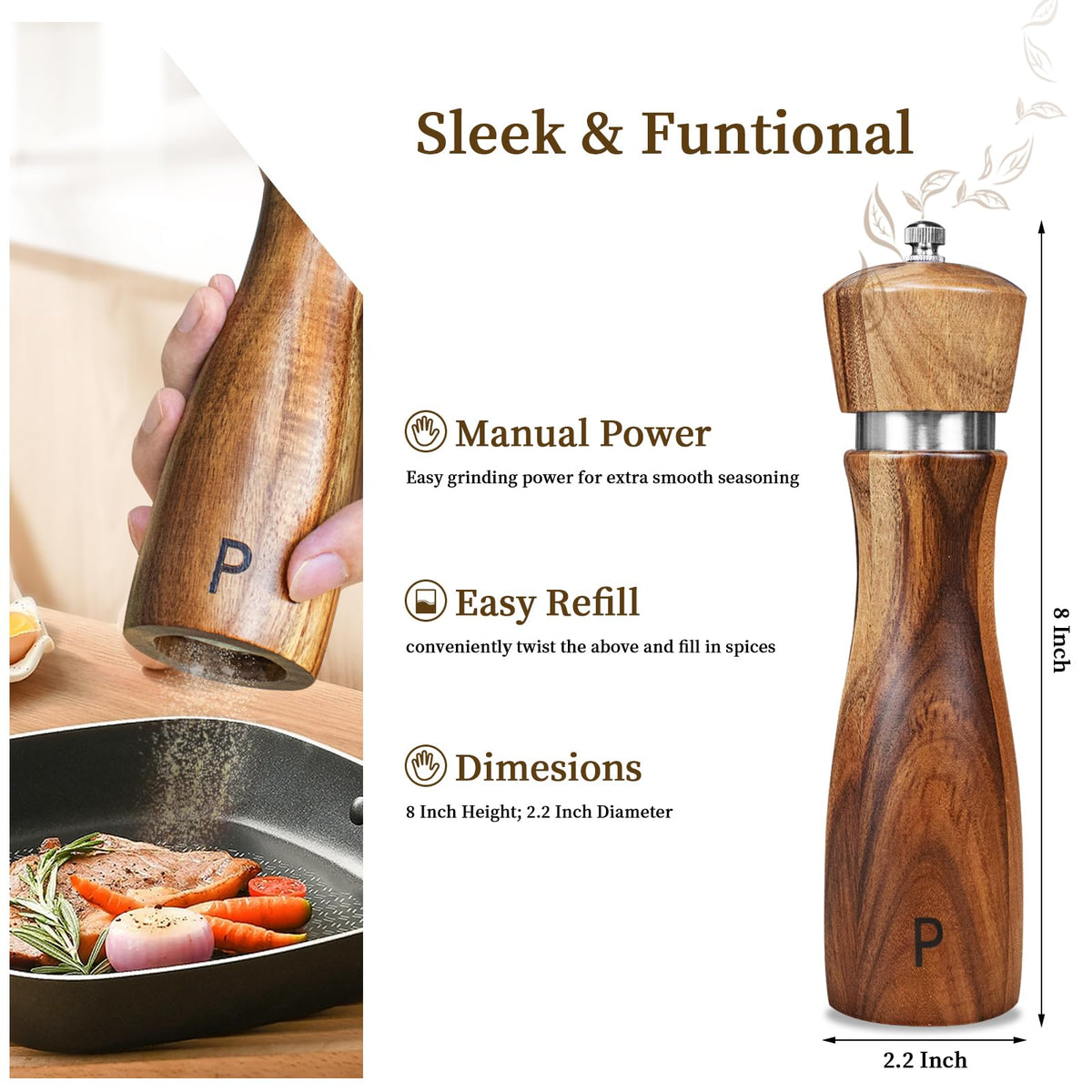 2 Pack Acacia Wood Salt and Pepper Grinder Set, Wooden Salt and Pepper Mill Set Salt and Pepper Shaker Tableware Birthday Gifts Ceramic Core-8 Inch