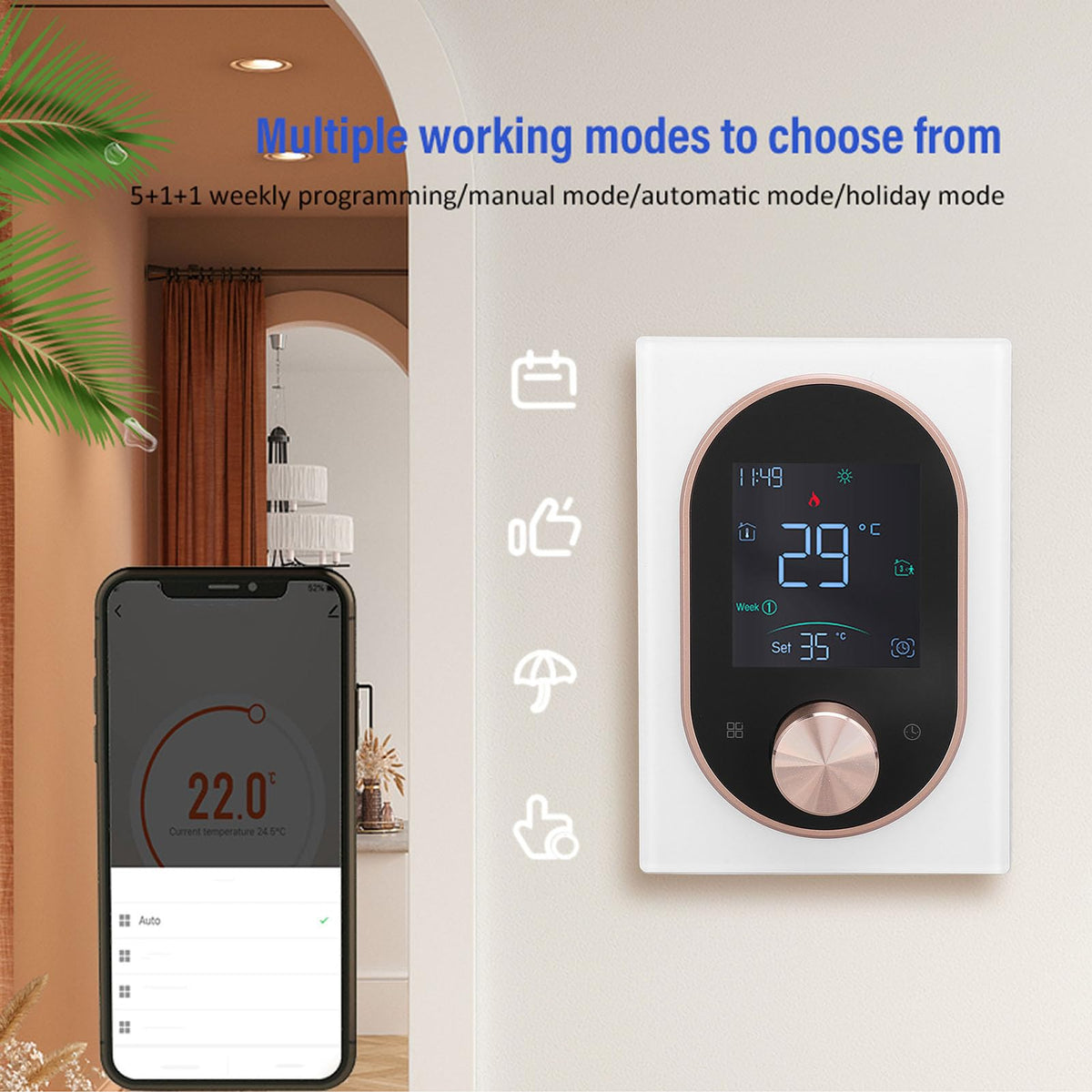 Smart Color Programmable Touchscreen Thermostat High Efficiency Remote Access with LCD Display, Energy Efficient Temperature Control for Home, Office & Shops, AC 95-240V Compatible