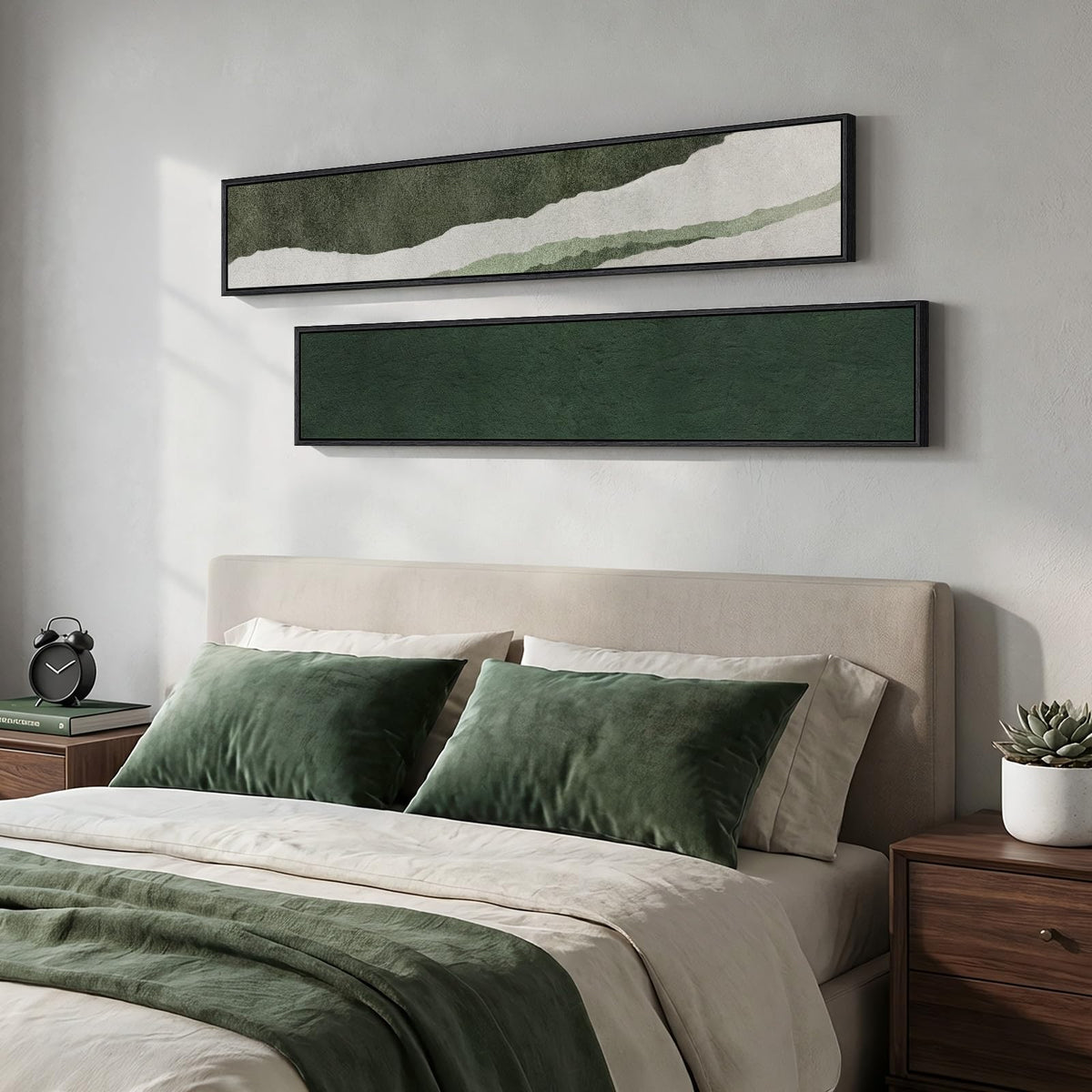 Long Narrow Framed Green Vertical Abstract Wall Art Set, 2 Piece Modern Canvas Prints Paintings Artwork for Walls, Green White Minimalist Pictures for Living Room Bedroom Entryway Hallway Wall Decor