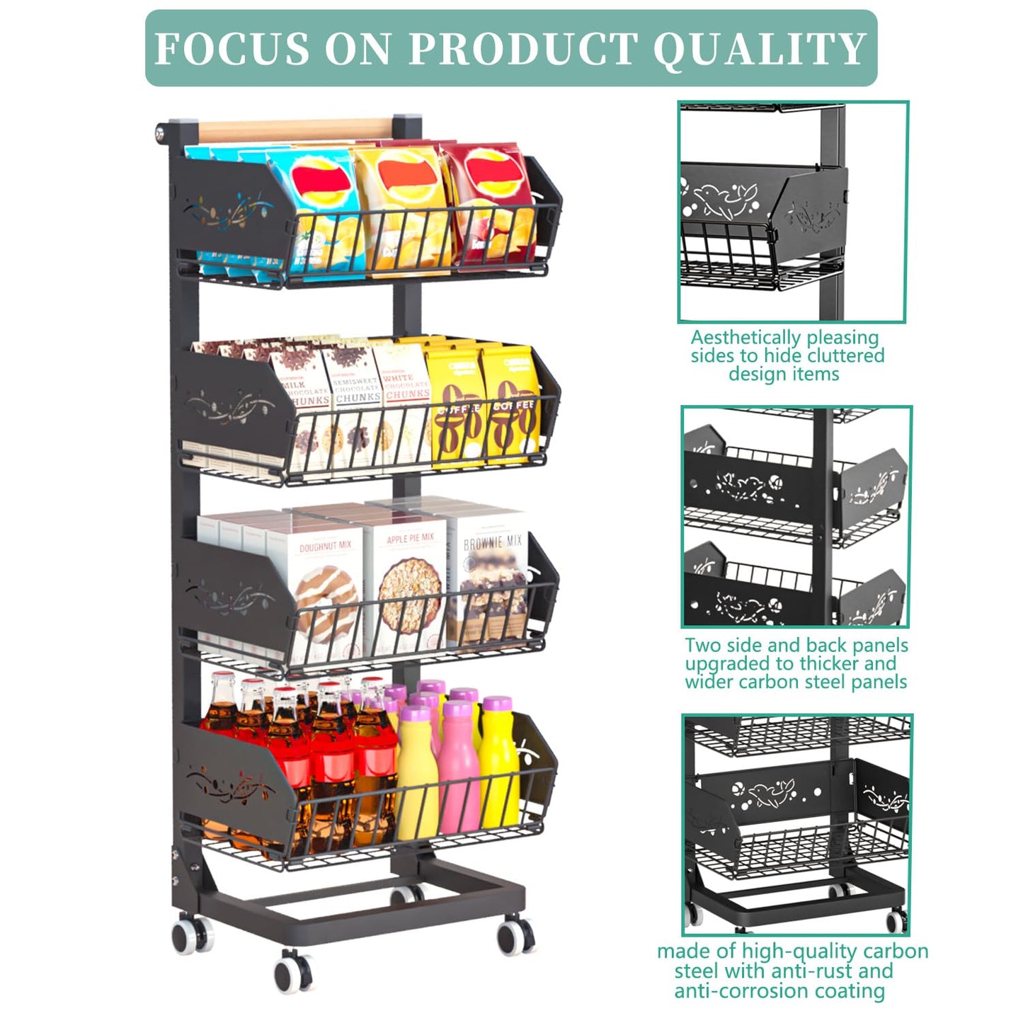 ANJUBAN Heavy 4-Tier Snack Cart with Wheels ，Removable Rolling Pantry Floor Organizers ，Upgraded Wider and Thicker, Kitchen Fruit Basket Stand and Storage Rack for Fruit Snack Onion Potato