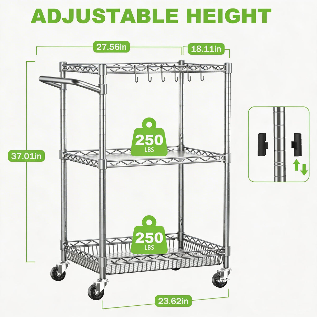 3 Tier Rolling Utility Metal Carts with Wheels NSF Heavy Duty Storage Cart 750Lbs Capacity Adjustable Kitchen Cart with Handle & Shelf Liner Commercial Service Trolley for Indoor & Outdoor Use