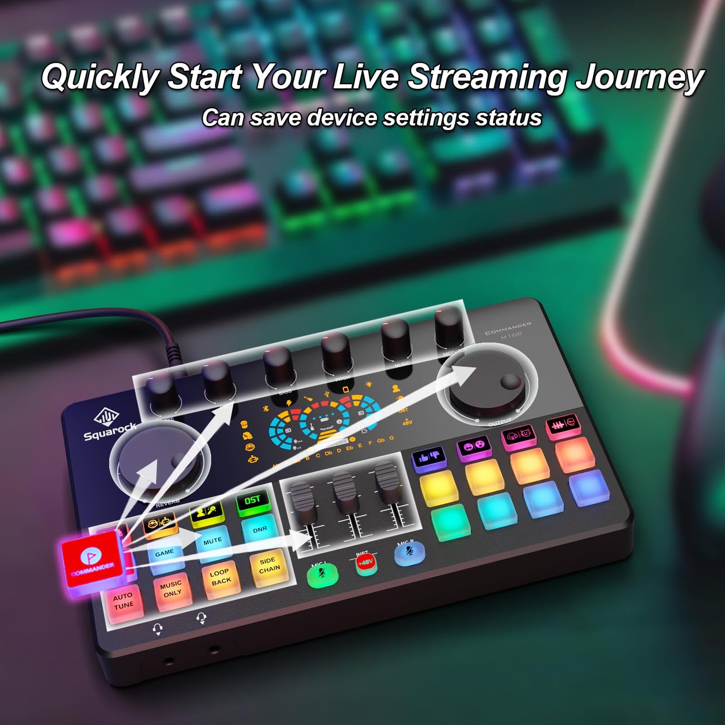 SquarockTek Podcast Equipment Bundle for 4, All-in-One Audio Mixer with Dynamic Micophones Noise Reduction for Live Streaming/Recording/Singing，PC,Smartphone，TikTok M100 3rd