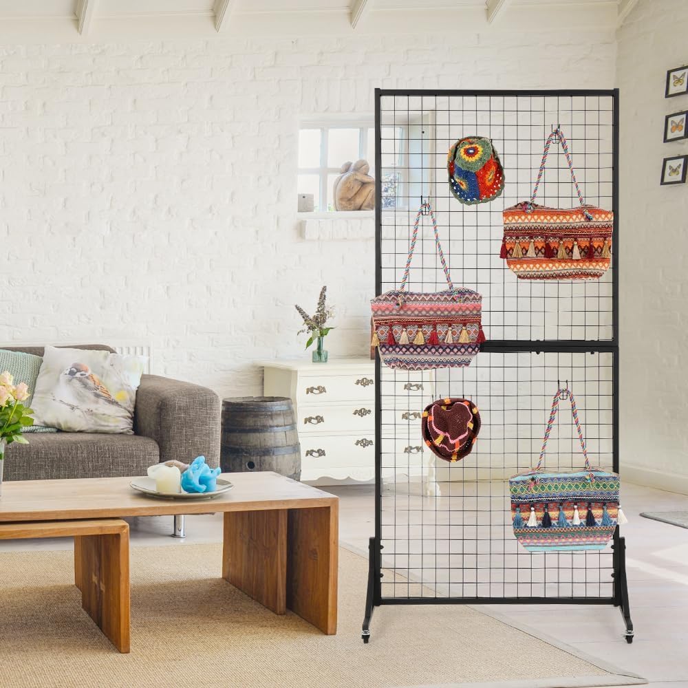 OUDUCK 2 Packs 3' x 6' Grid Wall Panels Standing Wire Grid, Study Display Rack with T-Base Wheels Freestanding Gridwall Panel Tower for Shows, Black