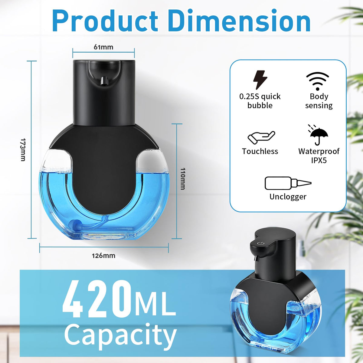 Foam soap Dispenser 15oz/420ml Foaming Hand Sanitizer Touchless Wall Mount with 4levels Adjustable Free Touch Electric Rechargeable with Sensor for bathrooms Kitchens Offices