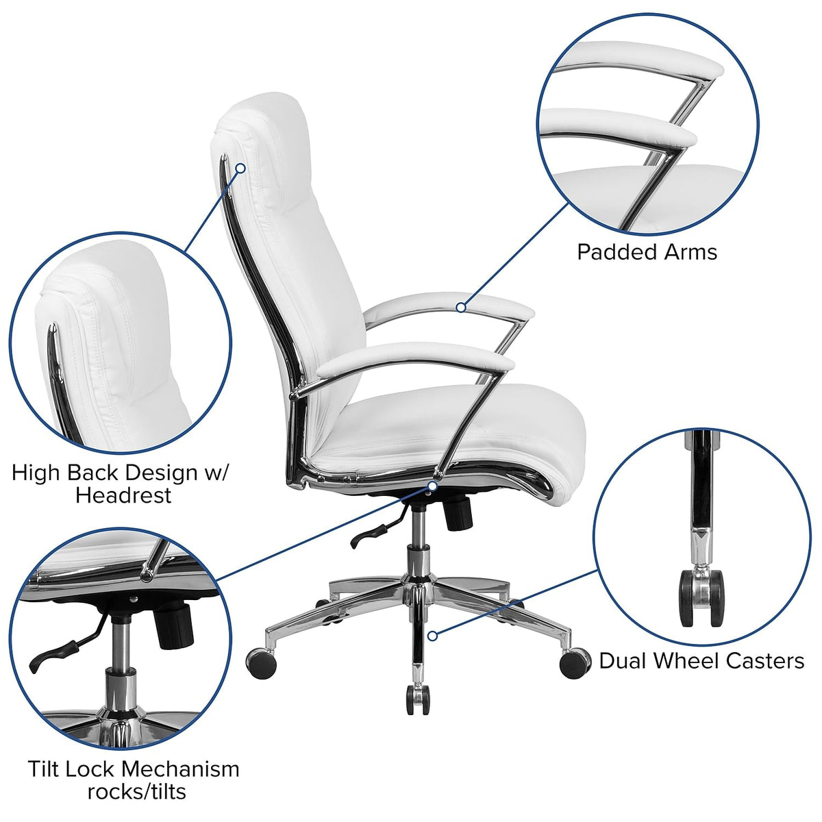 Flash Furniture Rebecca High Back Designer White LeatherSoft Smooth Upholstered Executive Swivel Office Chair with Chrome Base and Arms