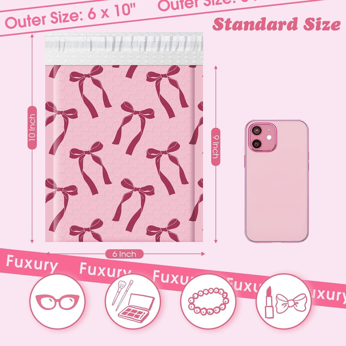Fuxury Bubble Mailers 6x10" Padded Envelopes 100 Pack Pink Bows Cute Design Bubble Envelopes Usable Size 6x9" Strong Adhesion Pattern Shipping Envelopes Thick Padded Mailer for Mailing Jewelry, Makeup