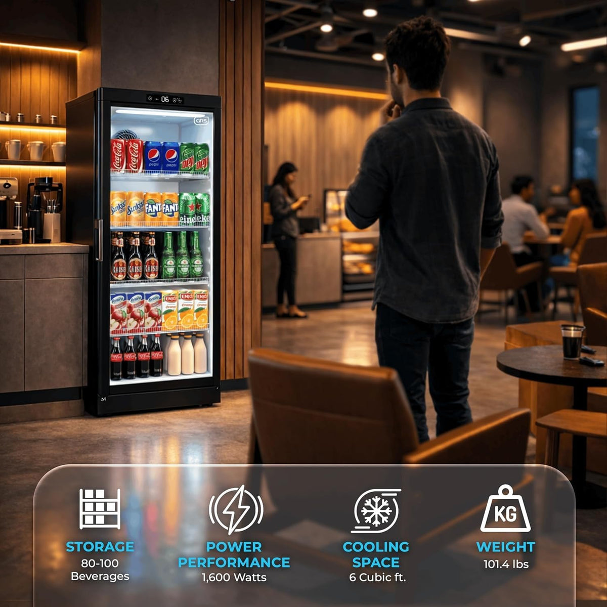 GRS Commercial Display Refrigerator with Glass Door Lock | Cool Air Flow & Temperature | Beverage Cooler, Drink and Wine Fridge with Adjustable Display Shelf for Stores and Bars | Black, 6.0 Cu. Ft