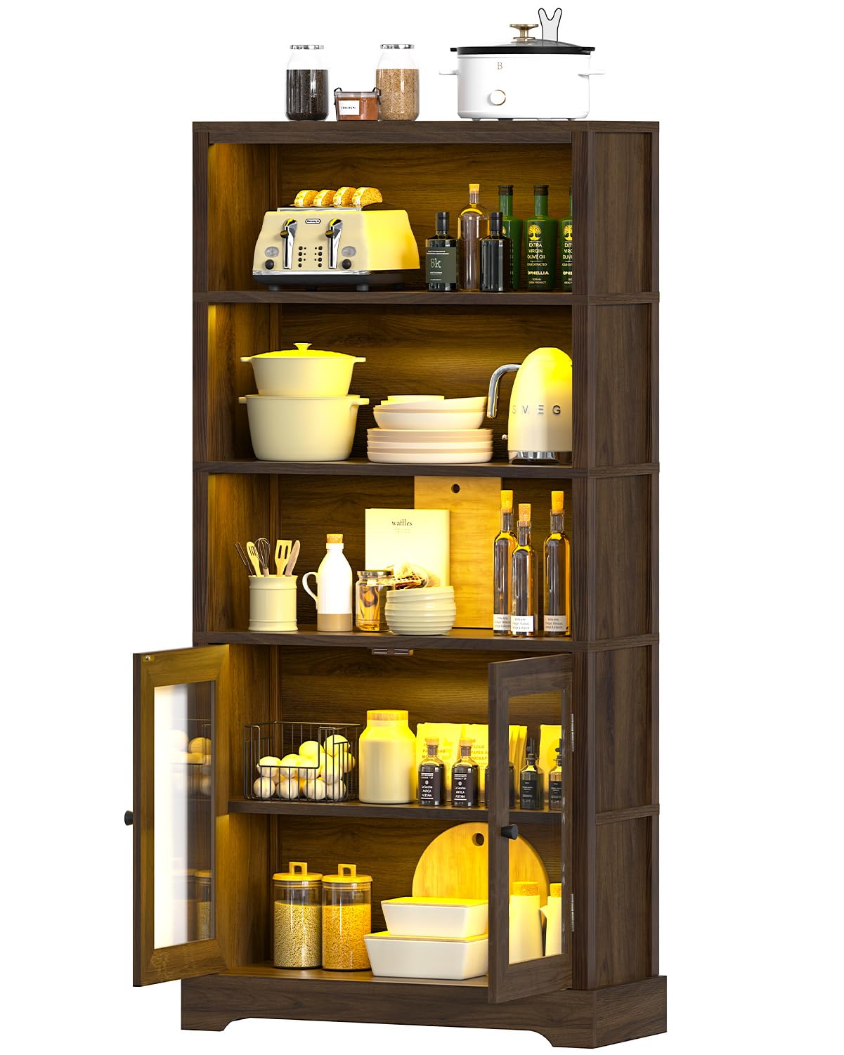 TVU 5-Tier Bookshelf, 65" Bookshelf with Multi-Color Ambient Lights (APP Remote Control), Tall Display Shelf with Cabinet Doors, Suitable for Living Room, Bedroom, Study, Office, Rustic Brown