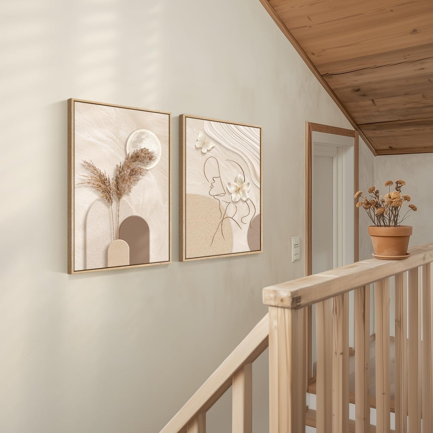 Large Framed Neutral Abstract Wall Art for Living Room, Set of 2 Modern Warm Beige and Taupe Canvas Artwork for Walls, Woman Silhouette Paintings Prints Wall Decor for Bedroom Home Office, 20x30 Inch