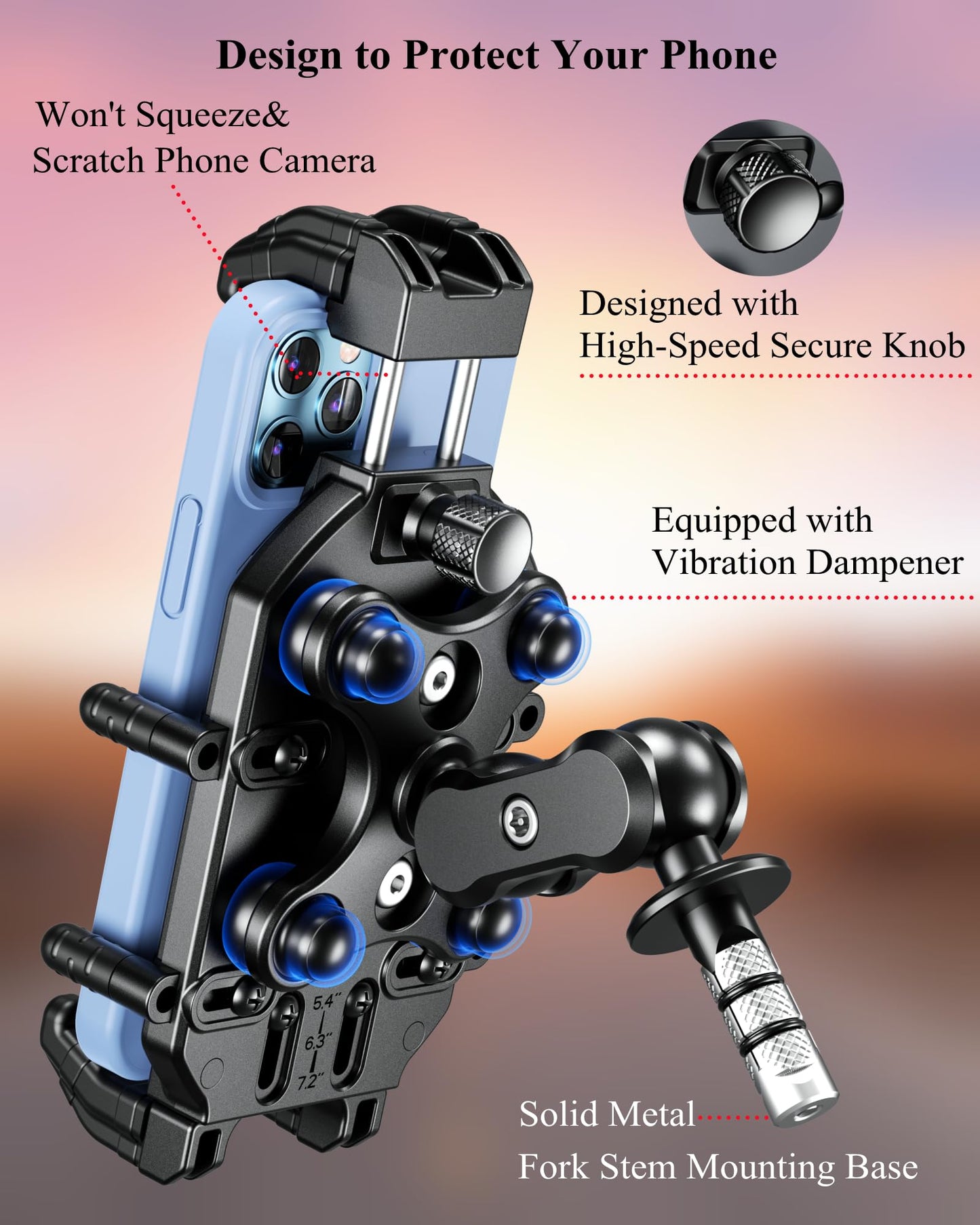 BRCOVAN Anti-Theft Motorcycle Fork Stem Phone Mount Holder with Vibration Dampener & High-Speed Secure Lock, Heavy Duty, Adjustable Size, Big Phone Friendly, Fit for 5.4-7.2'' Cellphone