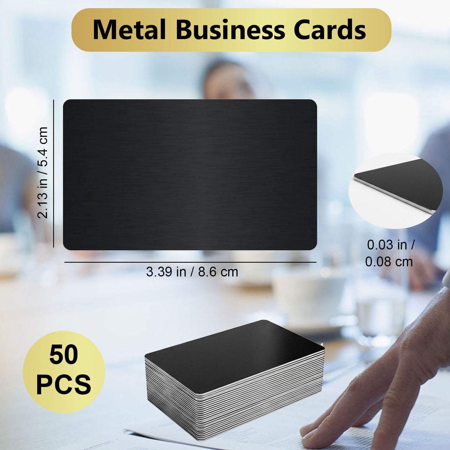 50PCS Metal Business Cards Blanks,0.45mm Thick 3.4x2.1 Inch Aluminum Black Business Cards Blank,Multipurpose Cards Blanks for House Office Customer DIY Gift