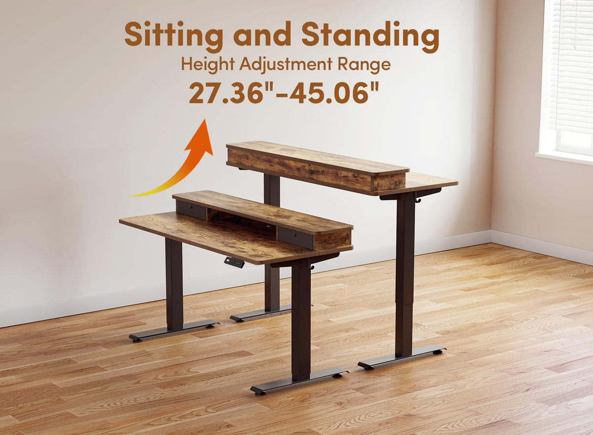BANTI 55 x 24 Inch Electric Height Adjustable Standing Desk, Ergonomic Home Office Desk with Double Drawers, 4 Adjustable Feet & 2 Hooks, Computer Workstation for Study/Office, Rustic Brown