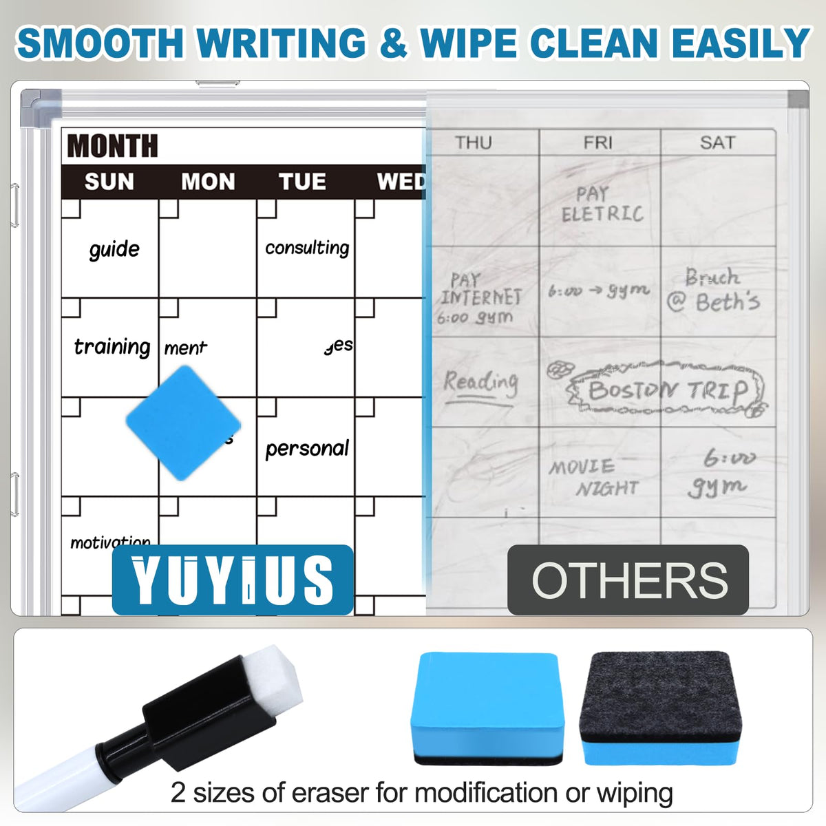 YUYIUS Calendar Whiteboard for Wall, 16" x 12" Double Sided Monthly Dry Erase Board Calendar for Office, Home, School, Hanging Cork Board White Board Combo, Portable Magnetic Dry Erase Planner Board