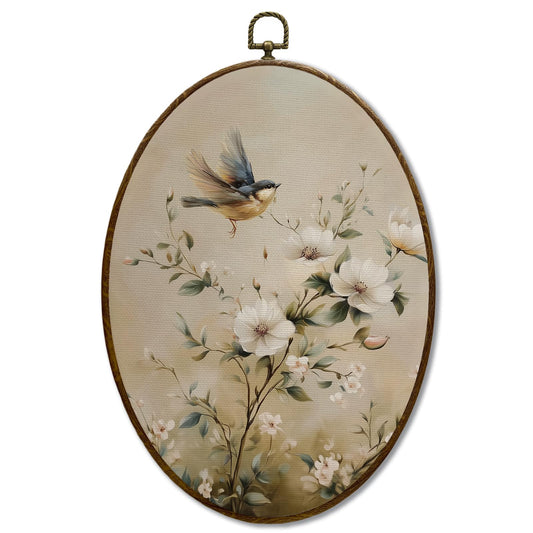 JQF Vintage Floral Bird Oval Wall Art, Rustic Cottagecore Magnolia Floral Oval Canvas Wall Art, Retro Flower Bird Framed Prints Hanging Decor for Home Bedroom Living Room, 8.5x11.5 Inch