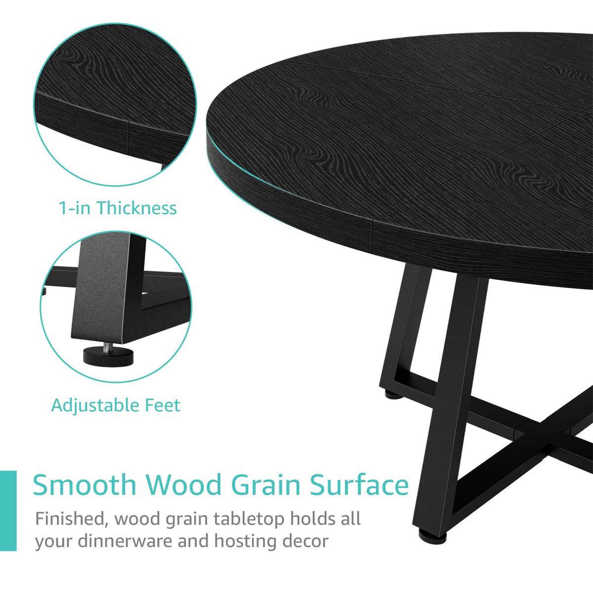 NUTIKAS 47 Inch Round Dining Table for 4, Modern Black Wood Grain Kitchen Table with Cross Metal Legs, Circular Industrial Dinner Table for Small Spaces, Breakfast Nook, Apartment, Office