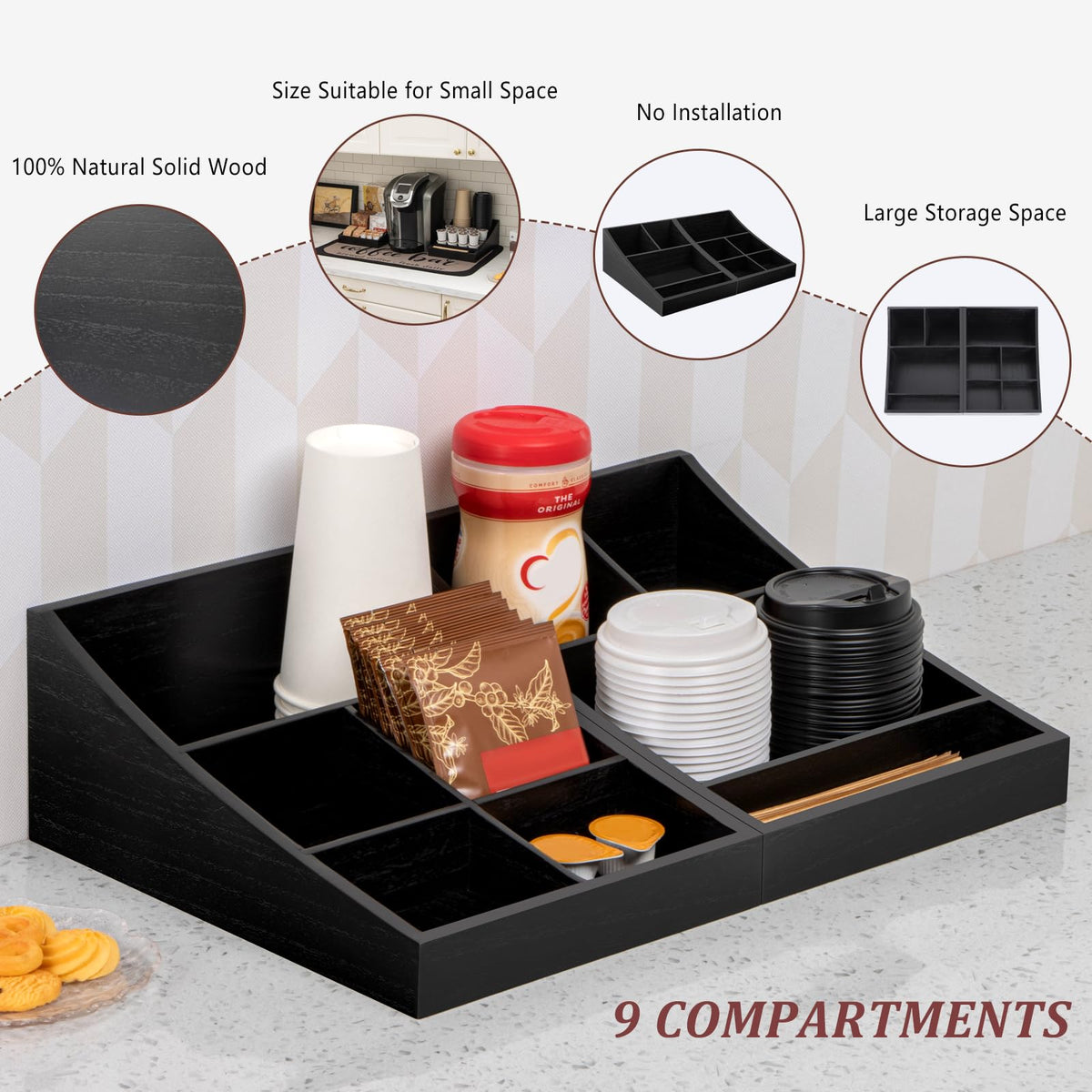 ANBOXIT Coffee Station Organizer for Countertop, Condiment Service Organizer, Coffee Bar Supplies Caddy for Home, Office and Breakroom - Wooden, Black, 9 Compartment, Two-in-One