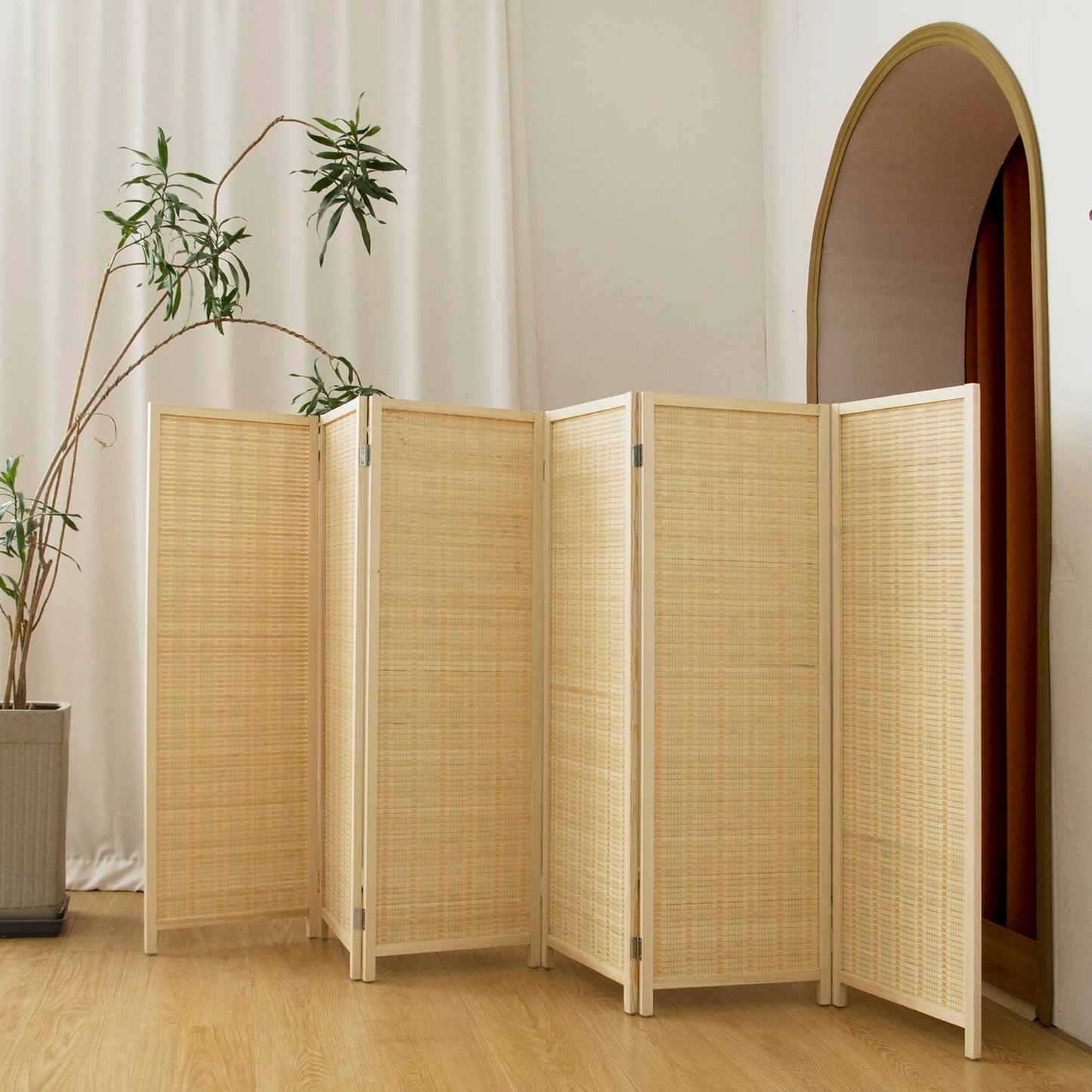 Pawlabay 6 Panel Short Panel Divider Screen,3.95 FT Tall Bamboo Room Divider Folding Privacy Screen,Short Panel Divider Freestanding Room Divider for Room Seperation,Beige